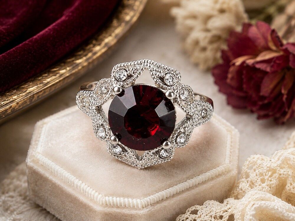 Vintage Avon Garnet Red Rhinestone Halo Ring Silver Tone Statement Ring Size 10